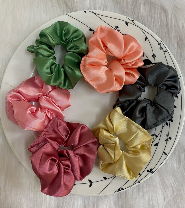 Combo Pack Of Six Regular Size Satin Hair Scrunchies - Assorted Colors for Everyday Hair Styling