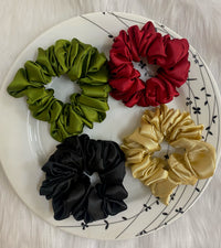 4 pack of large satin hair scrunchies in assorted colors