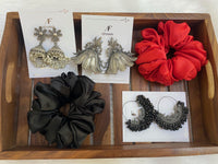 Super Savings Combo Set of Three Premium Brass Silver Look-alike Earring and Two Premium Satin Scrunchies