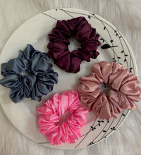 4 pack of large satin hair scrunchies in assorted colors
